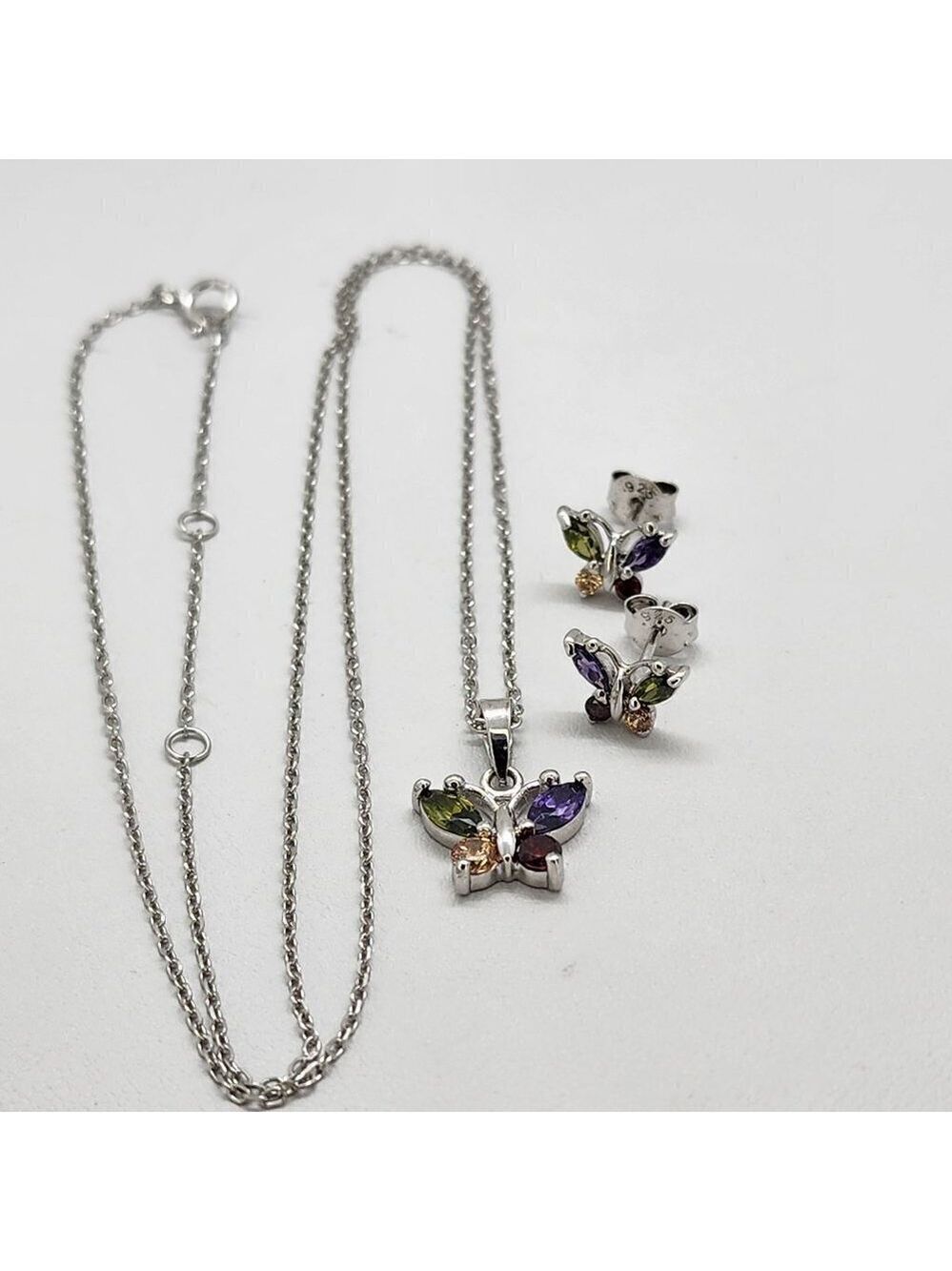 Brand New Sterling Silver 925 Multi Color Gemstones Butterfly 2pcs Set